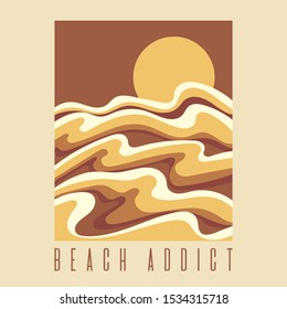 Beach addict. Vector hand drawn illustration of stylised landscape with lettering isolated. Creative artwork.Template for card, poster, banner, print for t-shirt, pin, badge, patch.