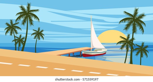 Beach, against the backdrop of a seascape, yacht sailing, palm trees, Cartoon style, vector illustration