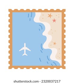 Beach And Airplane Postage Stamp Vector Illustration