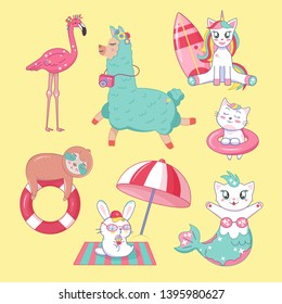 Beach Animals hand drawn style, Summer set - motivation elements. Flamingo, llama, unicorn,sloth, bunny, mermaid. Vector illustration