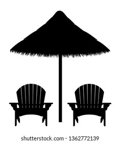 beach armchair and umbrella black contour silhouette vector illustration isolated on white background