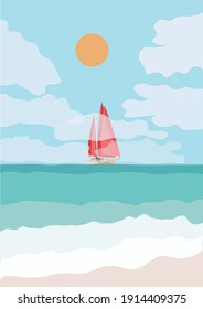 Beach Art Sailboat Nautical Sailing  Nursery Wall Art Ocean Print Ship Poster Sea Sand Sun, Illustration, Vector, Poster, Postcard, Template, Background