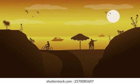 Beach Atmosphere in The Afternoon - Beautiful 2D Landscape Silhouette Wallpaper	