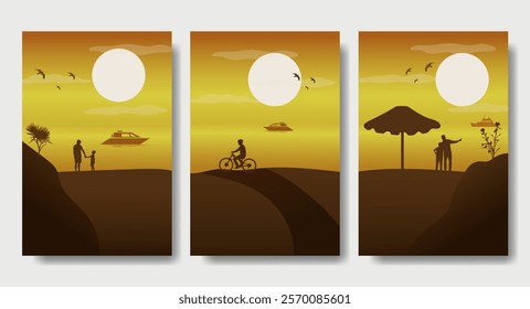 Beach Atmosphere in The Afternoon - Portrait Silhouette Design Set, Beautiful 2D Landscape Silhouette Wallpaper Set