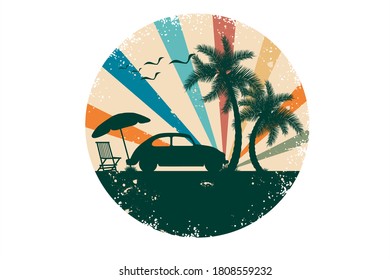 Beach atmosphere with car and coconut trees that shady and distressed effect