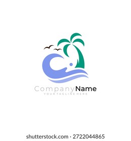 Logo de ambiente de playa con olas y cocoteros