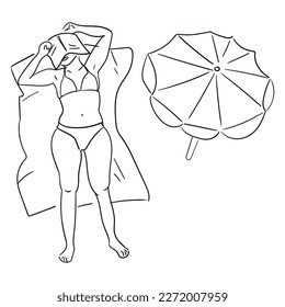 Beach atmosphere, a woman lying in the sun. Vector design of a summer poster in a simple style. Contour illustration depicting a cheerful girl in a bikini with an umbrella lying on the sand. Printing
