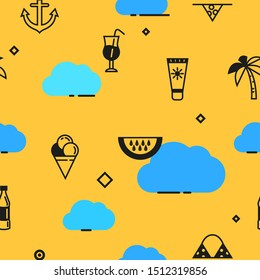Beach attributes color seamless pattern. Summer rest items on yellow background. Exotic summertime, journey, sea relax. Decorative trendy textile, wallpaper, wrapping paper vector design