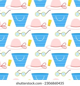 Beach attributes seamless pattern. Background with hat, cream, glasses and bag. Tanning items. Summer print for textile and design, vector illustration
