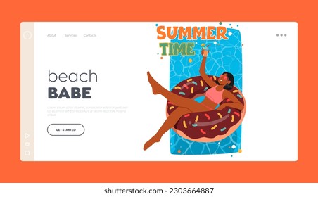 Beach Babe Landing Page Template. Happy Female Character Enjoying Cocktail On Inflatable Swimming Ring, Surrounded By Crystal Blue Water, Woman Smile, Swim in Pool. Cartoon People Vector Illustration