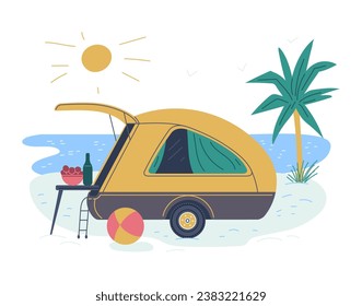 Beach backdrop with travel van or RV camper. Caravan tourist van for outdoor summer active leisure, flat vector illustration isolated on white background.