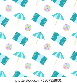 beach backgraund with umbrellas, balls and beach towels, seamless vacation pattern, summer design for textile, banners and wrapping paper, flat vector illustration