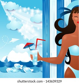 Beach background with attractive girl, vector