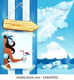 Fondo de playa con atractiva chica, vector