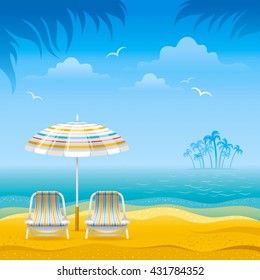Beach background with blue sea, stripped beach chairs and beach umbrella.