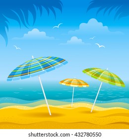 Beach background with blue sea, stripped beach umbrellas.