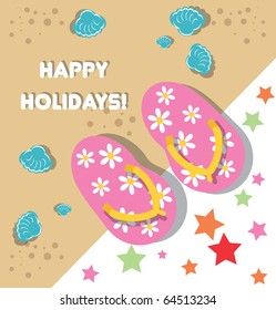 beach background card with floral flip flops