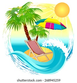beach background with beach chairs and umbrella