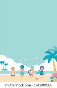 Beach background and children in swimwear.