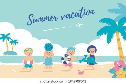 Beach background and children in swimwear.