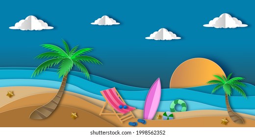 Fondo de playa con cocoteros, bolas, anillo de natación, gafas de sol, tabla de surf, sandalias, pez estrella y mar. vista aérea de la playa de verano en estilo artesanal de papel. corte de papel y estilo artesanal. vector.