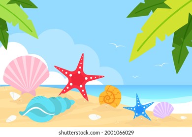 Beach background with colorful starfish and seashells. Vector illustration. 
