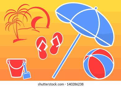 beach background with flip flops, ball, sunshade and bucket
