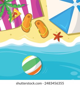 Beach background with flip-flops and beach ball. Umbrella, towel, sun cream. Vector illustration.