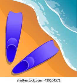 Beach background. Flippers in the sand. Sea shore. Flat style. Cartoon. Vector Image.