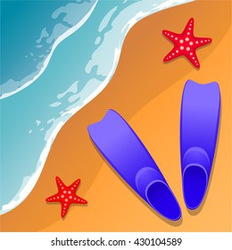 Beach background. Flippers and starfish on the sand. Sea shore. Flat style. Cartoon. Vector Image.