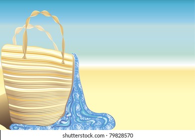 beach background with illustration of somebody's beach bag and pareo