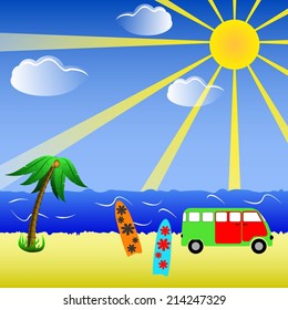 Beach Background illustration with Surfboards and minibus