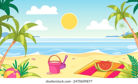 Beach background for kids. Summer vector illustration, seascape, horizon for kids holidays, games, events