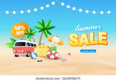 Strandhintergrund mit Glühbirne Stil mit Van, tropische Pflanzen, Gepäck, Sicherheitsring, Schirm. Design-Vorlage für Strandparty und Promotion.