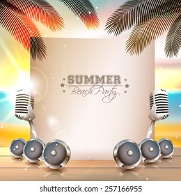Beach background with music instruments under palm tree with sunset - Vector with place for your text