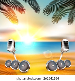 Beach background with music instruments under palm tree with sunset - Vector with place for your text