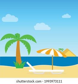 Beach Background with palm tree and clouds, Vector flat summer background 