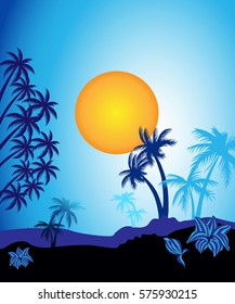 beach background with palm trees, sun, sunset