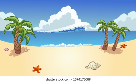 Beach background with palm trees, wave and seashells clip art. Vector illustration with simple gradients. Some elements on separate layers.
