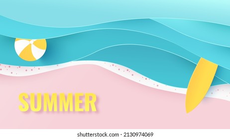 Beach background. Sand at the beach. Paper cut and craft style illustration. Top view and copy space. Summertime