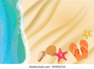 beach background with sand, water waves, starfish, seashells. Vector illustration