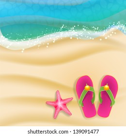 beach background with sandals and starfish