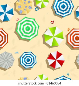 A beach background seamless pattern with color umbrellas, slippers and toys.