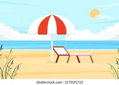 Beach background with seascape, beach chair and parasol. Flat design vector illustration. 