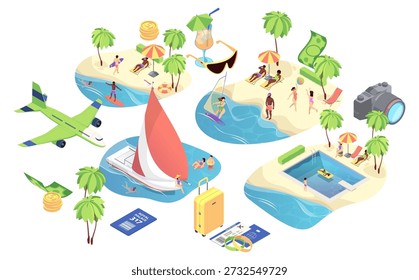 Beach background set. Vector isometric pools with people swimming and relaxing, seacoasts with sunbathers and palm trees, sunglasses and cocktails, yachts and airplanes, tickets and luggage