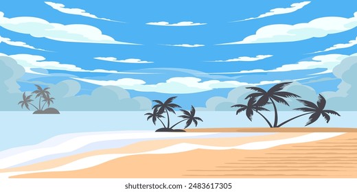 
Beach background, sky clouds and coconut trees. vector cartoon beach illustration can be used for comics, cartoons, books or lessons for children. summer.