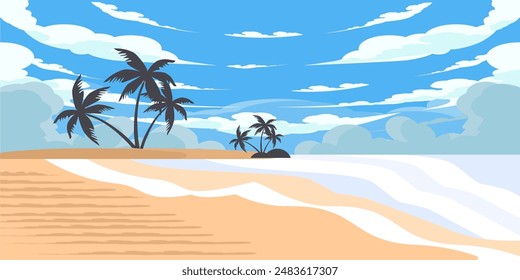 
Beach background, sky clouds and coconut trees. vector cartoon beach illustration can be used for comics, cartoons, books or lessons for children. summer.