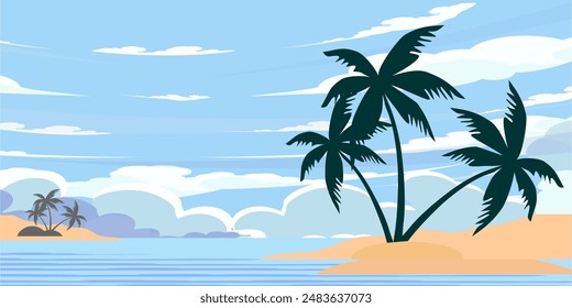 
Beach background, sky clouds and coconut trees. vector cartoon beach illustration can be used for comics, cartoons, books or lessons for children. summer.