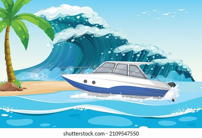 Beach background with speed boat on sea wave illustration