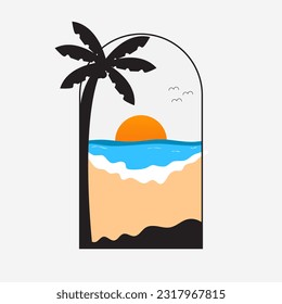 Beach background with sun and coconut trees framed in black on a summer day